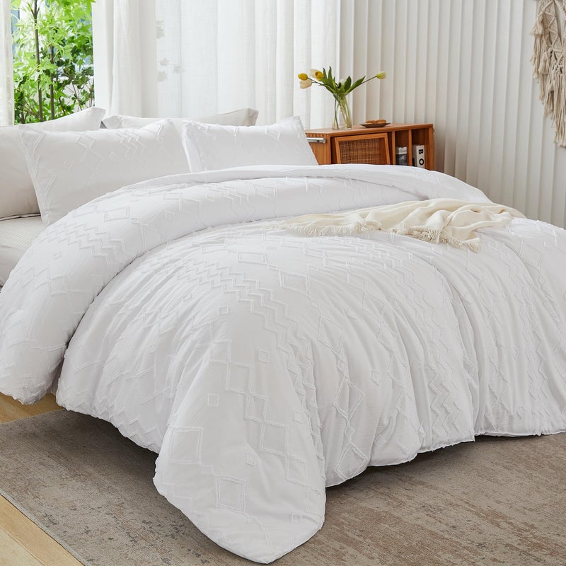 Andency Queen Comforter Set White 3 Pieces Boho Textured Fall Farmhouse Bed Microfiber Down Alternative Geometric Bedding Set 90x90Inch Comforter 2 Pillowcases