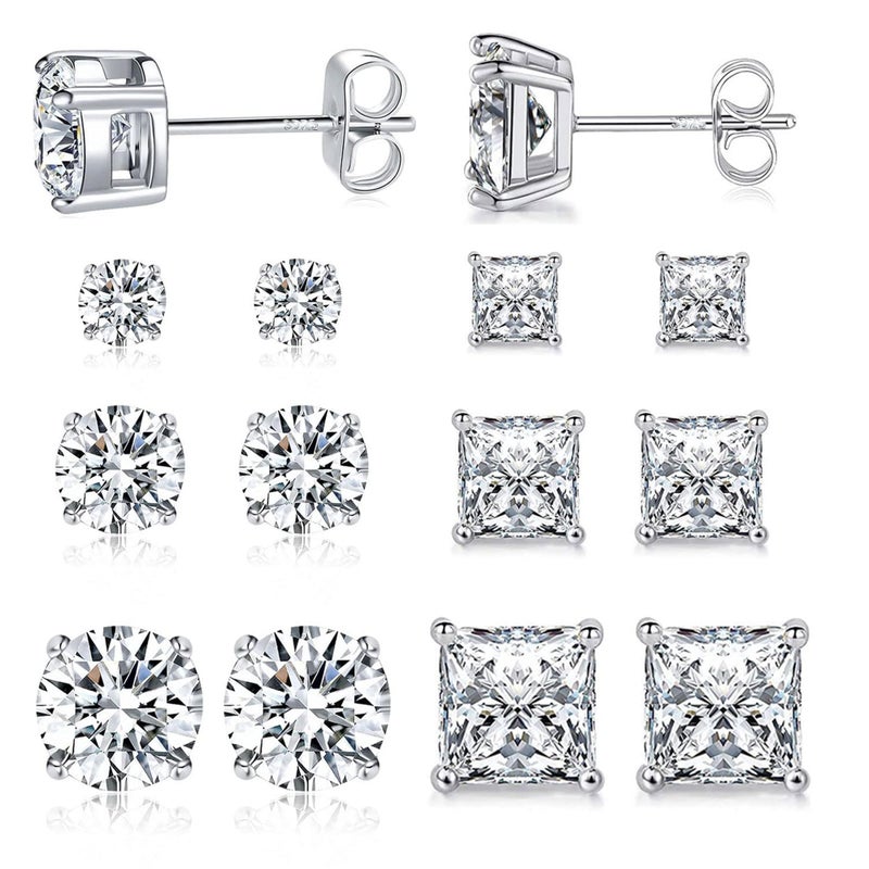 MDFUN 6 Pairs 925 Sterling Silver Post Stud Earrings Set 3mm/5mm/7mm Princess & Round 5A+ Cubic Zirconia Earring Hypoallergenic Ear Jewelry for Women Men (White Gold Plated) - Image 1