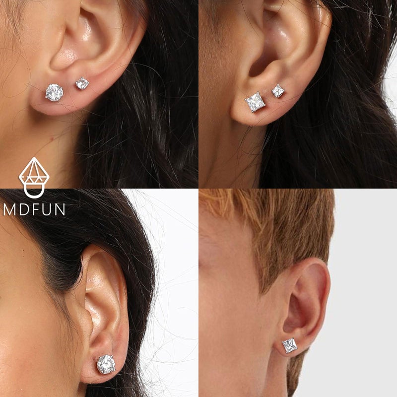 MDFUN 6 Pairs 925 Sterling Silver Post Stud Earrings Set 3mm/5mm/7mm Princess & Round 5A+ Cubic Zirconia Earring Hypoallergenic Ear Jewelry for Women Men (White Gold Plated) - Image 2