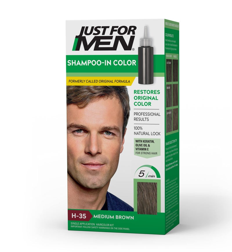Just For Men Shampoo-In Color (Formerly Original Formula), Mens Hair Color with Keratin and Vitamin E for Stronger Hair - Medium Brown, H-35, Pack of 1 - Image 1