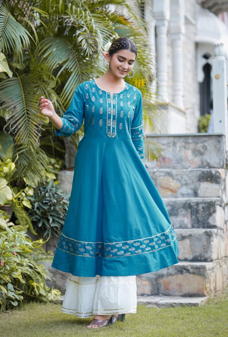 Yash Gallery Women's Cotton Floral Printed Anarkali Kurta for Women (XXXXXXXX-Large, Teal) - Image 3