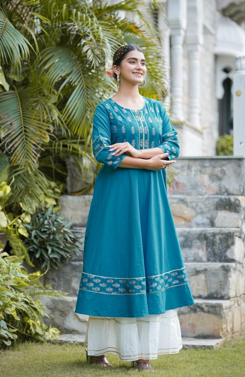 Yash Gallery Women's Cotton Floral Printed Anarkali Kurta for Women (XXXXXXXX-Large, Teal) - Image 2