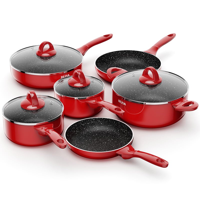 BEZIA Induction Cookware Pots and Pans Set 10 Piece, BEZIA Dishwasher Safe Nonstick Cooking Pans, Stay-Cool Bakelite Handle, Scratch Resistant Kitchen Sets with Frying Pans, Saucepans & Stockpot (Red) - Image 1