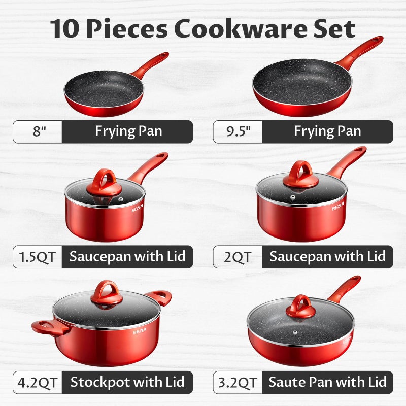BEZIA Induction Cookware Pots and Pans Set 10 Piece, BEZIA Dishwasher Safe Nonstick Cooking Pans, Stay-Cool Bakelite Handle, Scratch Resistant Kitchen Sets with Frying Pans, Saucepans & Stockpot (Red) - Image 2