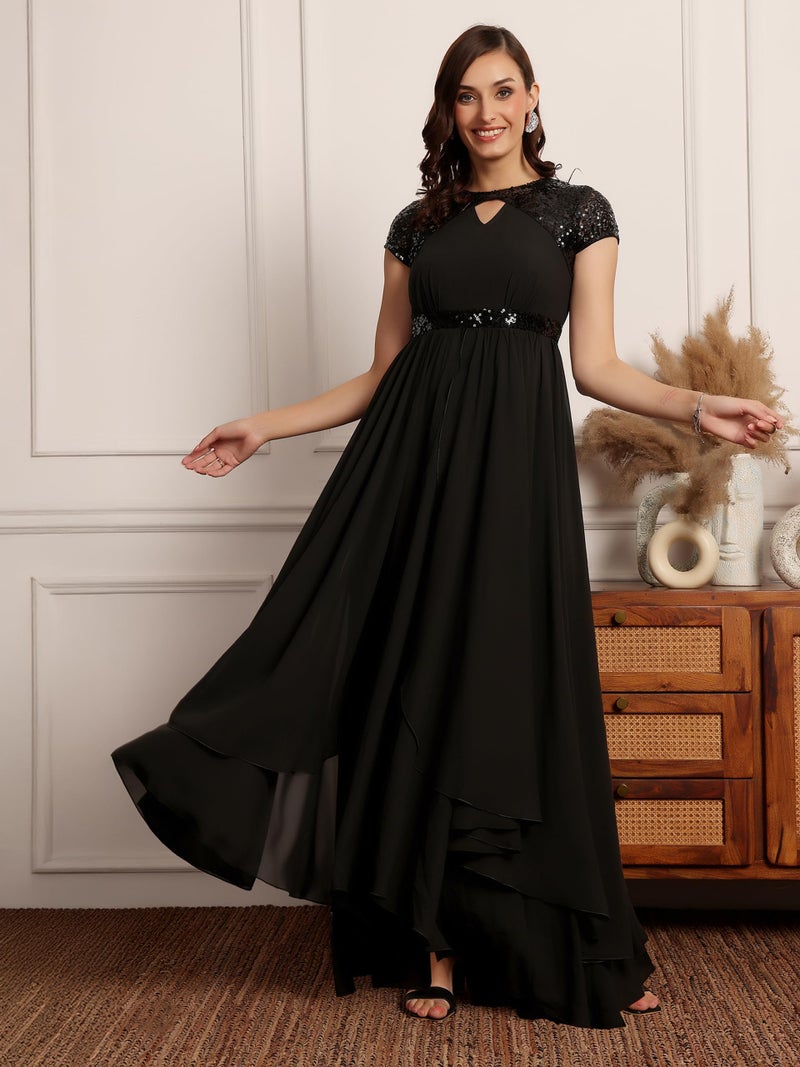 Miss Chase Women's Keyhole Neck Embellished Layered Maxi Dress (MCSS23D06-67-62-05, Black, L) - Image 2