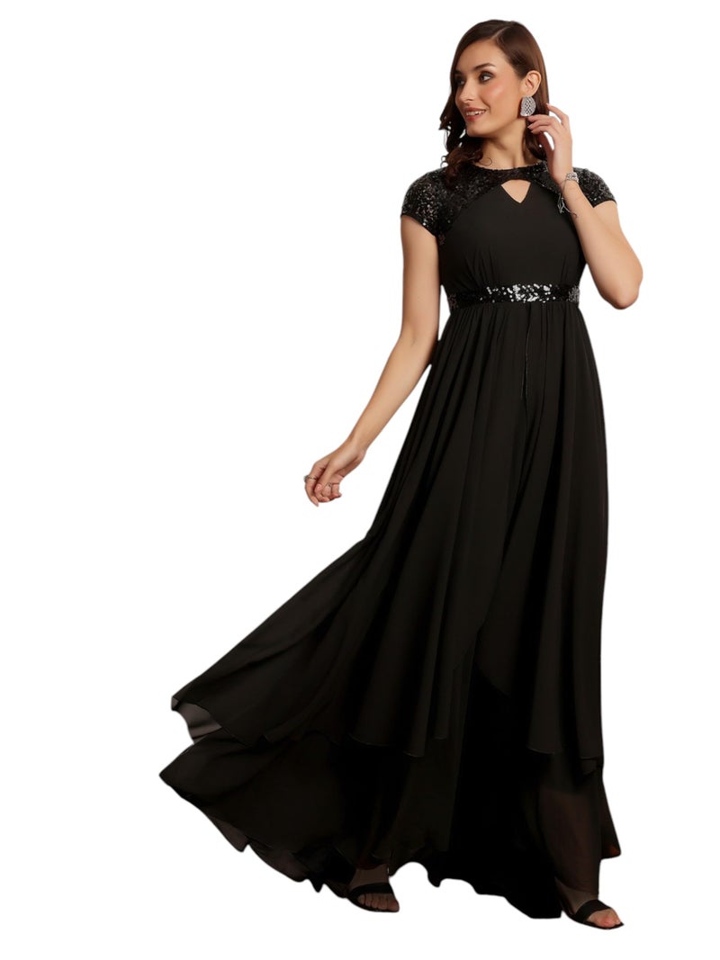 Miss Chase Women's Keyhole Neck Embellished Layered Maxi Dress (MCSS23D06-67-62-05, Black, L) - Image 1