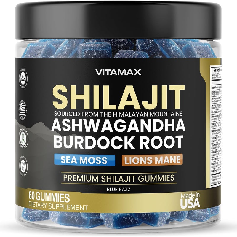Vitamax Organic Shilajit Gummies Sea Moss Ashwagandha 105 Trace Minerals  Organic Burdock Root  Lions Mane Mushroom  Blue Razz  Vegan  NonGMO  Made in USA  60ct - Image 1
