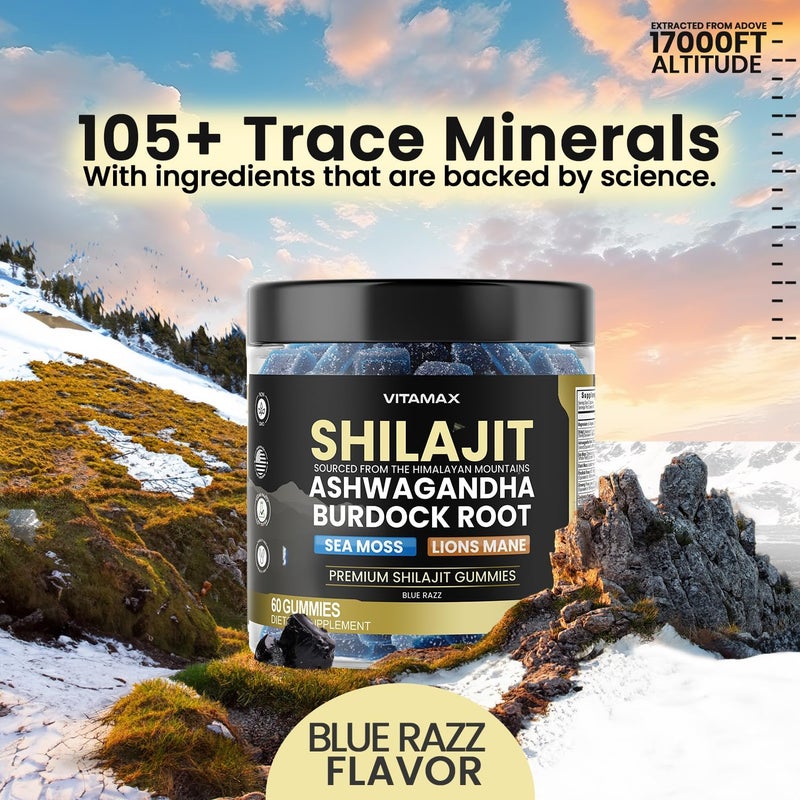Vitamax Organic Shilajit Gummies Sea Moss Ashwagandha 105 Trace Minerals  Organic Burdock Root  Lions Mane Mushroom  Blue Razz  Vegan  NonGMO  Made in USA  60ct - Image 3