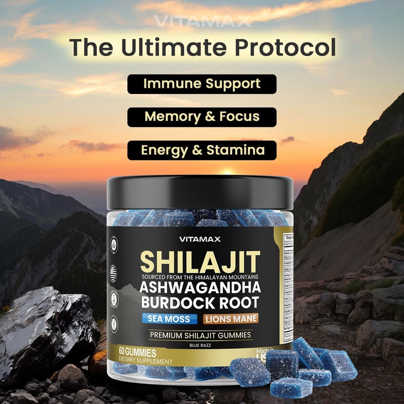 Vitamax Organic Shilajit Gummies Sea Moss Ashwagandha 105 Trace Minerals  Organic Burdock Root  Lions Mane Mushroom  Blue Razz  Vegan  NonGMO  Made in USA  60ct - Image 2
