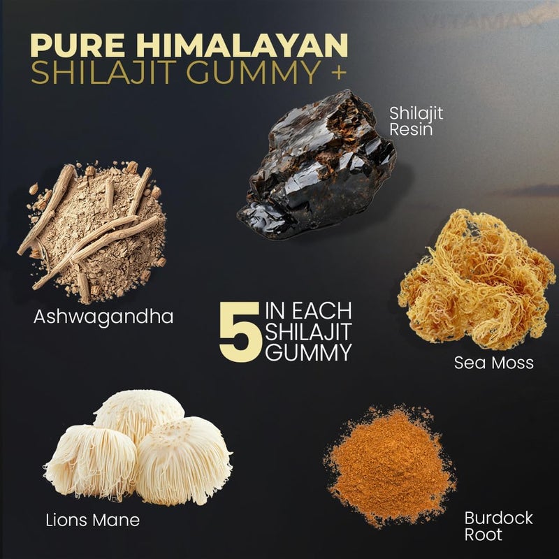 Vitamax Organic Shilajit Gummies Sea Moss Ashwagandha 105 Trace Minerals  Organic Burdock Root  Lions Mane Mushroom  Blue Razz  Vegan  NonGMO  Made in USA  60ct - Image 4