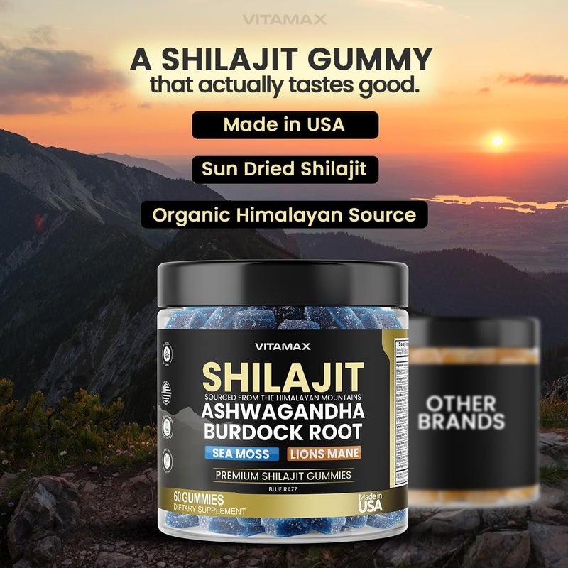 Vitamax Organic Shilajit Gummies Sea Moss Ashwagandha 105 Trace Minerals  Organic Burdock Root  Lions Mane Mushroom  Blue Razz  Vegan  NonGMO  Made in USA  60ct - Image 5