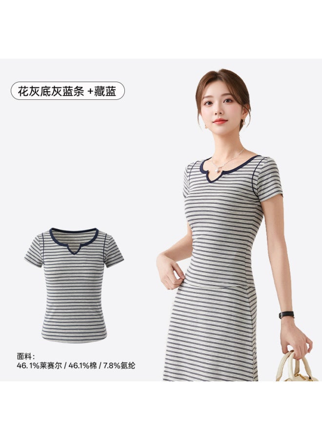 Spring/summer New Tencel Lyocell Striped T-shirt Women's 10a Antibacterial Cool-feel Regular Shoulder Short Sleeve Versatile Slimming Base Layer Top