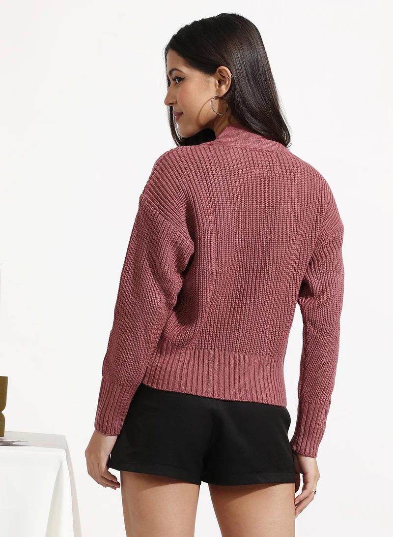 Campus Sutra Women's Blush Pink Solid Ribbed Cropped Cardigan