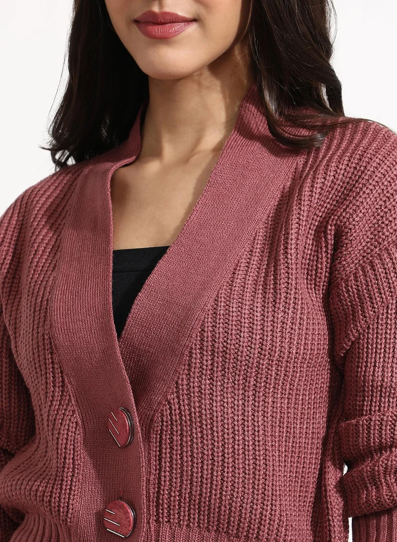 Campus Sutra Women's Blush Pink Solid Ribbed Cropped Cardigan