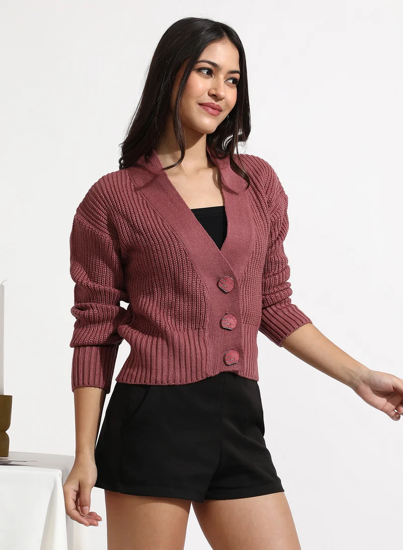 Campus Sutra Women's Blush Pink Solid Ribbed Cropped Cardigan