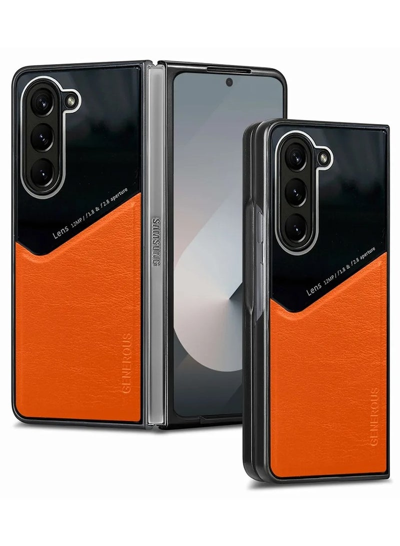 Case Compatible With Samsung Galaxy Z Fold 6, Cover Luxury Leather And Glass With Car Magnetic Holder Phone Cover Soft Frame Silicone - Orange - Image 1