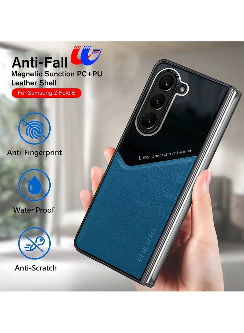 Case Compatible With Samsung Galaxy Z Fold 6, Cover Luxury Leather And Glass With Car Magnetic Holder Phone Cover Soft Frame Silicone - Orange - Image 2