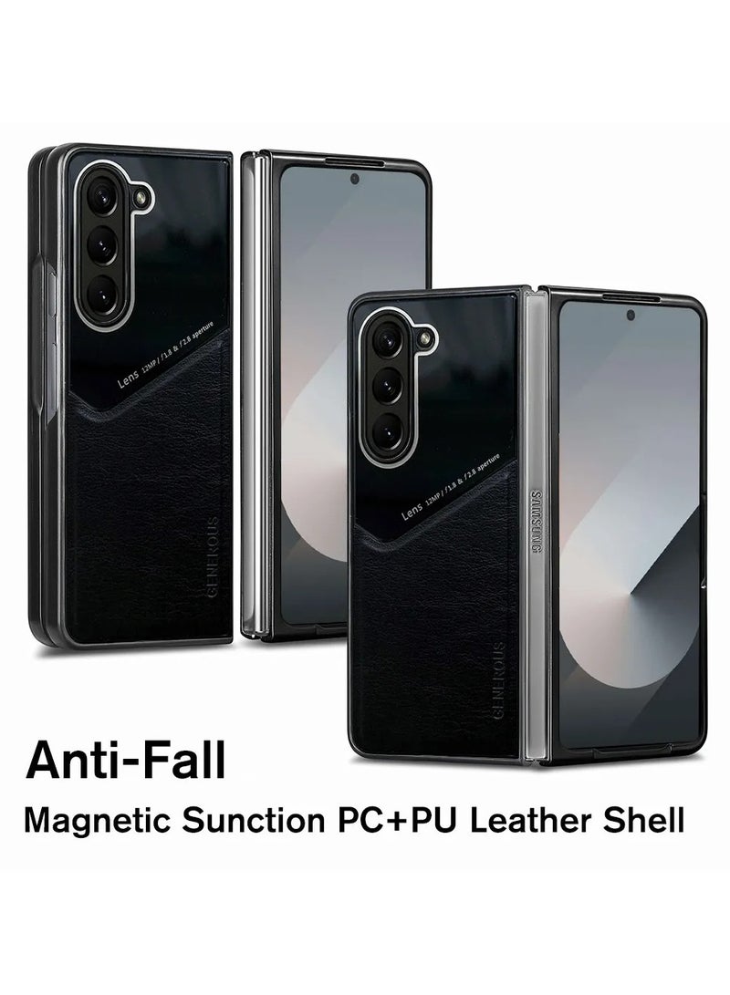 Case Compatible With Samsung Galaxy Z Fold 6, Cover Luxury Leather And Glass With Car Magnetic Holder Phone Cover Soft Frame Silicone - Orange - Image 3