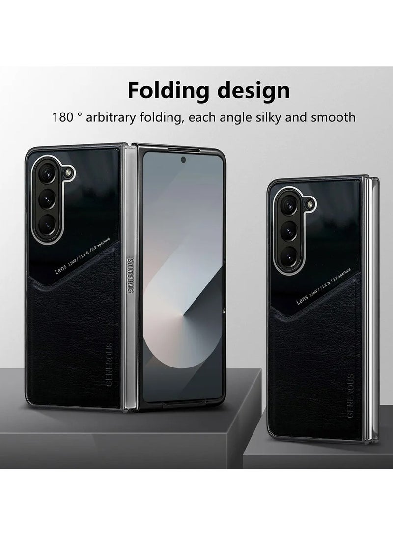 Case Compatible With Samsung Galaxy Z Fold 6, Cover Luxury Leather And Glass With Car Magnetic Holder Phone Cover Soft Frame Silicone - Orange - Image 4