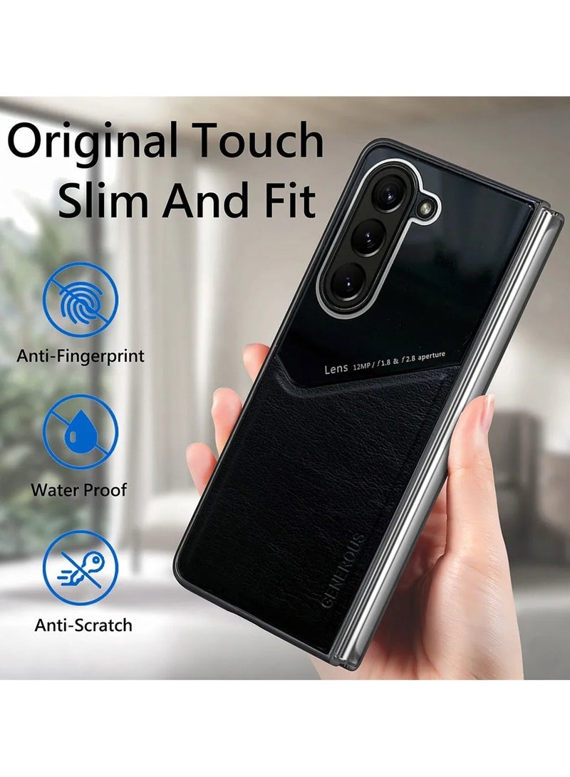 Case Compatible With Samsung Galaxy Z Fold 6, Cover Luxury Leather And Glass With Car Magnetic Holder Phone Cover Soft Frame Silicone - Orange - Image 5