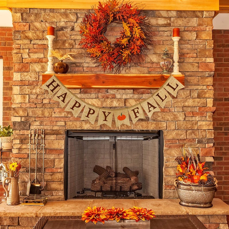 Whaline Happy Fall Pumpkin Burlap Banner Sign Harvest Home Decor Bunting Flag Garland For Mantel Fireplace Thanksgiving Day Party Decoration - Image 5