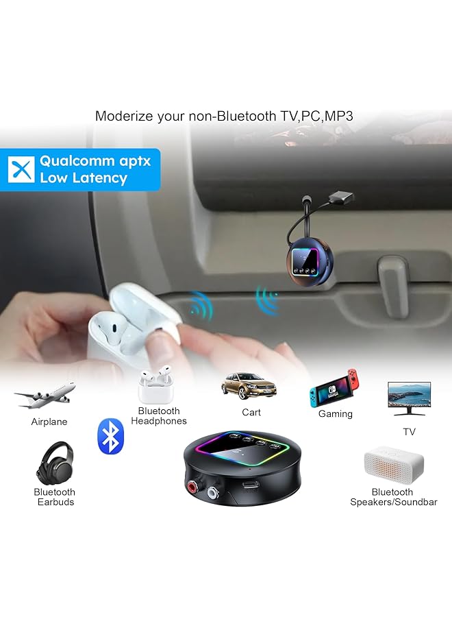 UOEPOWA Bluetooth 5.4 Transmitter Receiver For Hifi Music Streaming Airplane, Wireless Audio Adapter Bluetooth Adapter Supports Airpods, With 3.5Mm Aux/Rca, Nfc, Low Latency, Hd Audio, Led Display - Image 3