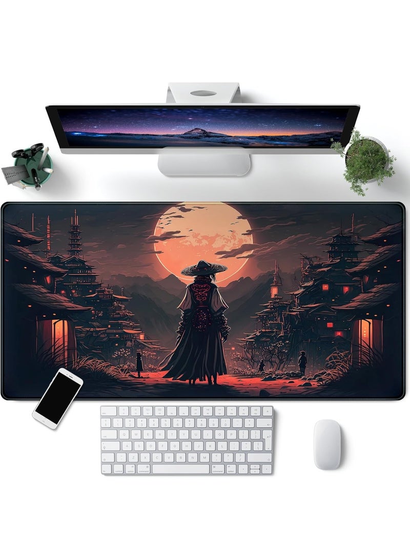 Japanese Landscape Desk Mat Post Moonlight Samurai Mouse Pad Large Dark Aesthetic Desk Pad Gaming Mousepad Extended XXL 31.5 x 15.7 in Laptop Computer Mouse Keyboard Mat - Image 1