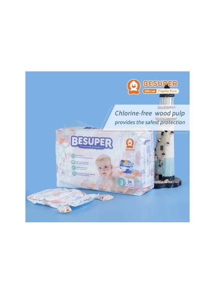 Besuper Baby Diapers ,Size 3 Medium , 6 - 10 Kg, (34 Pcs Per Pack)