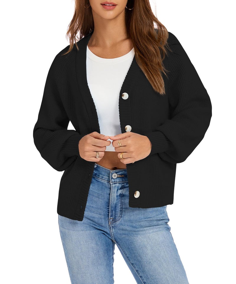 KUOTAI Women's Chunky Knit Open Front Sweaters Long Sleeve Button Loose Short Cardigan Outerwear Coats, Black, X-Large - Image 2