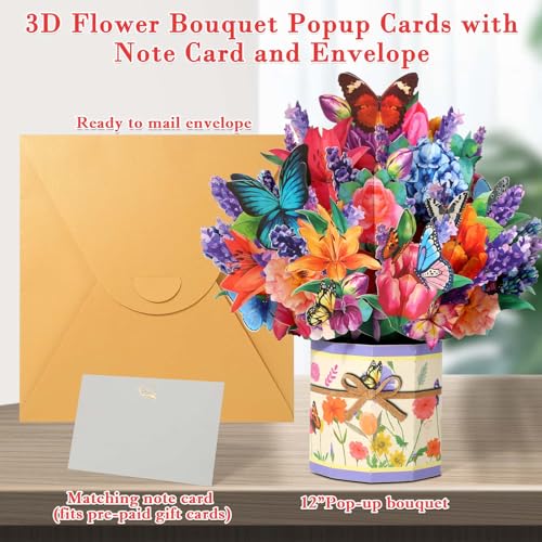 Tidponra Pop Up Flower Cards, Butterflies & Flower Bouquet 3D Popup Greeting Cards for Mother's Day, Anniversary, Birthday, Graduation, Get Well, Home Decor, with Envelope and Note - Image 3