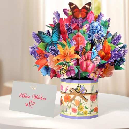 Tidponra Pop Up Flower Cards, Butterflies & Flower Bouquet 3D Popup Greeting Cards for Mother's Day, Anniversary, Birthday, Graduation, Get Well, Home Decor, with Envelope and Note - Image 2