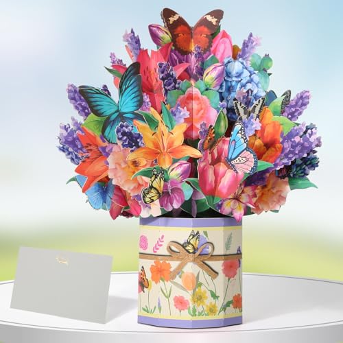 Tidponra Pop Up Flower Cards, Butterflies & Flower Bouquet 3D Popup Greeting Cards for Mother's Day, Anniversary, Birthday, Graduation, Get Well, Home Decor, with Envelope and Note - Image 1