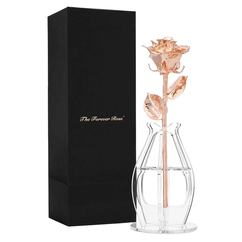 Forever Rose Bloom Box Bundle - a Genuine  One of a Kind  Real Rose Hand Dipped in Rose Gold with Beautiful Phantom Vase and Blooming Box - Image 1