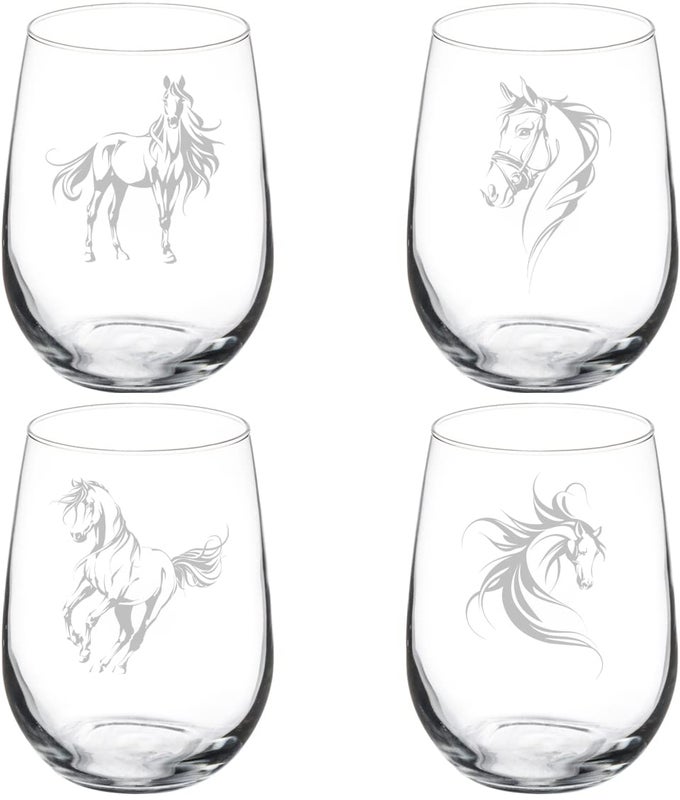 SET OF 4 WINE GLASS GIFT GOBLET FANCY HORSE COLLECTION 17 OZ STEMLESS