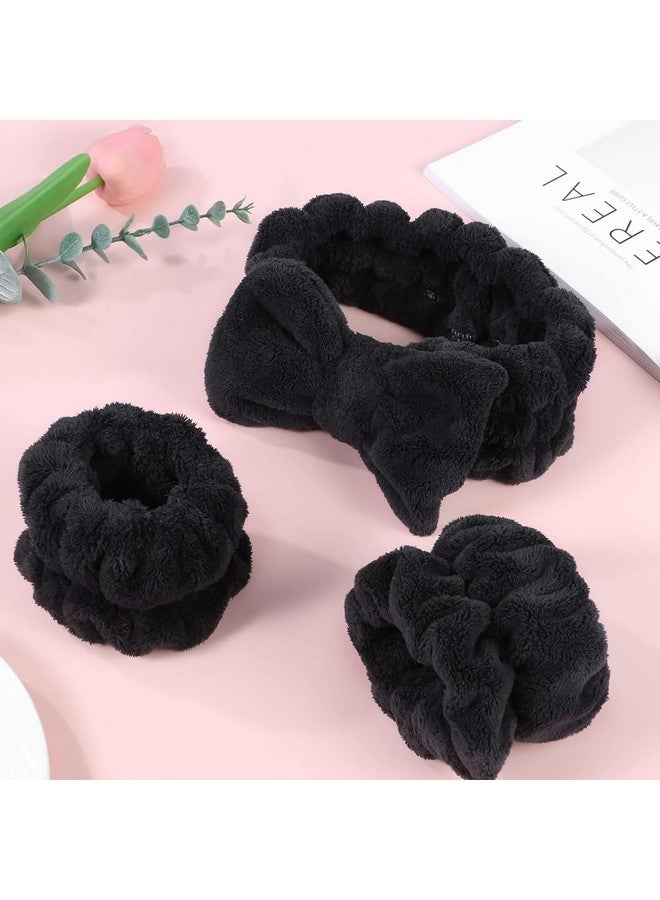 MAYCREATE Women 3 Pcs Facial Spa Headband Wristband Combo Set, Elastic Microfiber Face Wash Hairband Wrist Wash Bands For Face Washing, Makeup, Yoga, Fitness (B - Black) - Image 4