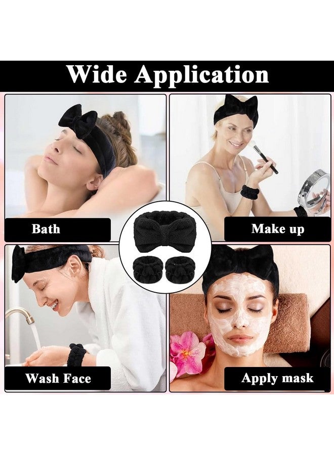 MAYCREATE Women 3 Pcs Facial Spa Headband Wristband Combo Set, Elastic Microfiber Face Wash Hairband Wrist Wash Bands For Face Washing, Makeup, Yoga, Fitness (B - Black) - Image 5