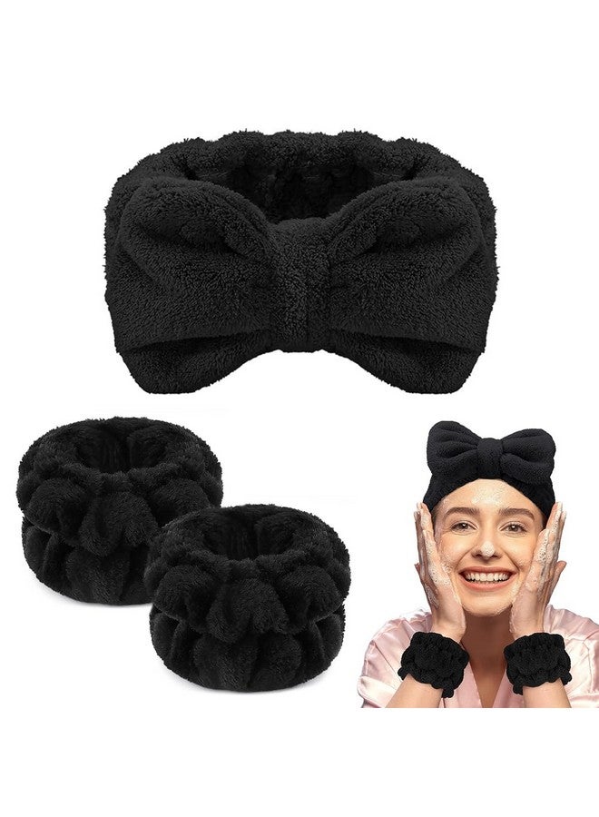 MAYCREATE Women 3 Pcs Facial Spa Headband Wristband Combo Set, Elastic Microfiber Face Wash Hairband Wrist Wash Bands For Face Washing, Makeup, Yoga, Fitness (B - Black) - Image 1