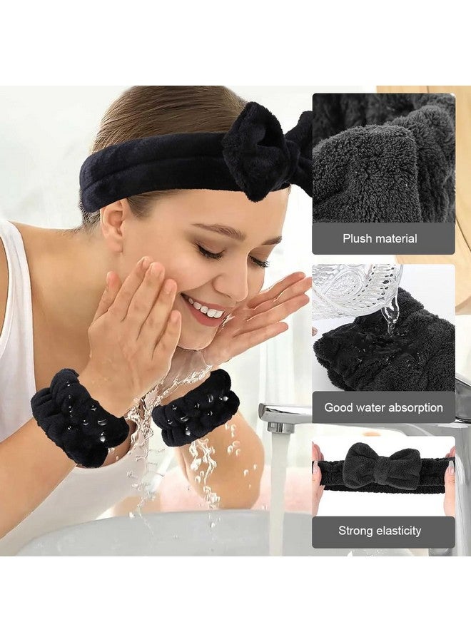 MAYCREATE Women 3 Pcs Facial Spa Headband Wristband Combo Set, Elastic Microfiber Face Wash Hairband Wrist Wash Bands For Face Washing, Makeup, Yoga, Fitness (B - Black) - Image 3