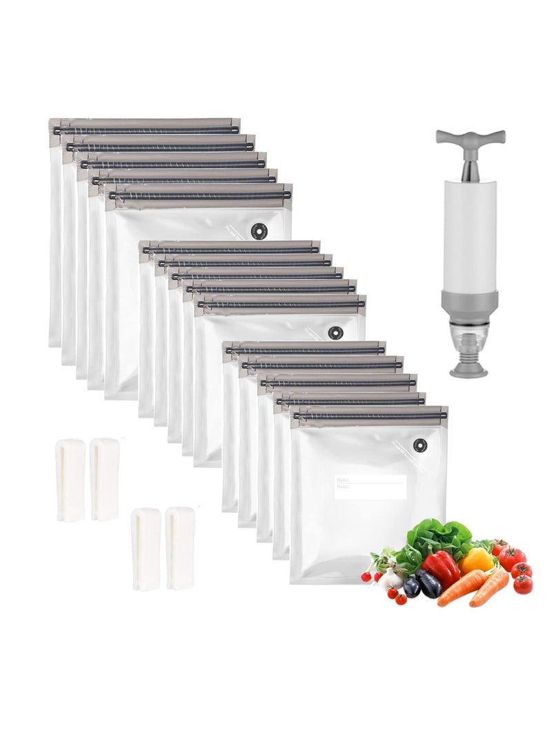 Food Vacuum Compression Bags Airtight Suction Bags Reusable Ziploc Bags with 3 Sizes Vacuum Food Bags 1 Hand Pump 5 Sealing Clips for Food Storage Sous-Vide(21Pieces)  - Image 1