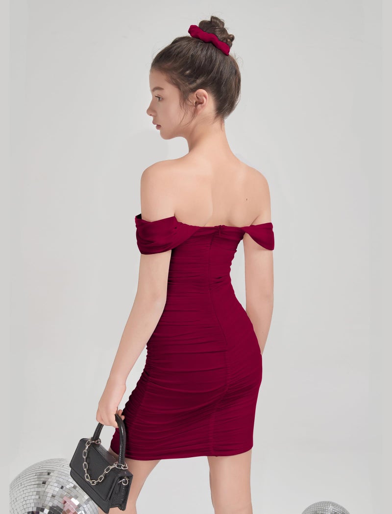 EXARUS Girls Bodycon Dresses Draped Off The Shoulder Mini Tight Ruched Sleeveless Dress Pencil Formal Party Dance Special Occasion Holiday Dance Birthday Burgundy Red 14Y - Image 3