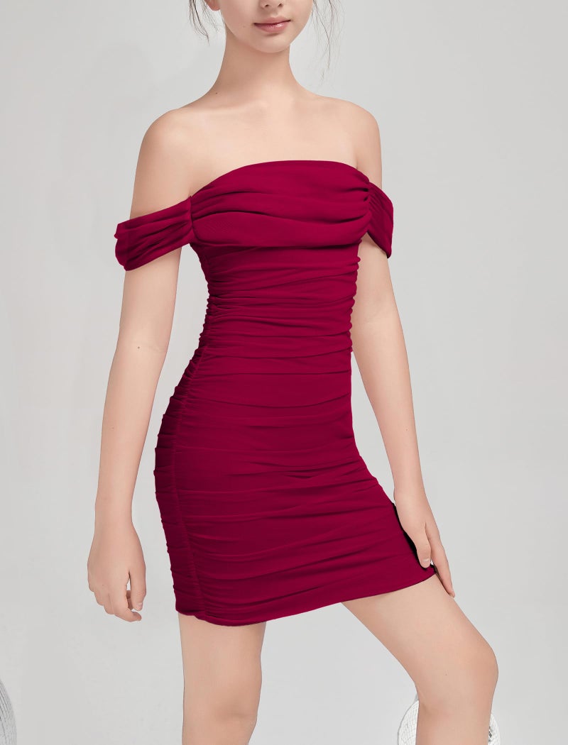 EXARUS Girls Bodycon Dresses Draped Off The Shoulder Mini Tight Ruched Sleeveless Dress Pencil Formal Party Dance Special Occasion Holiday Dance Birthday Burgundy Red 14Y - Image 2