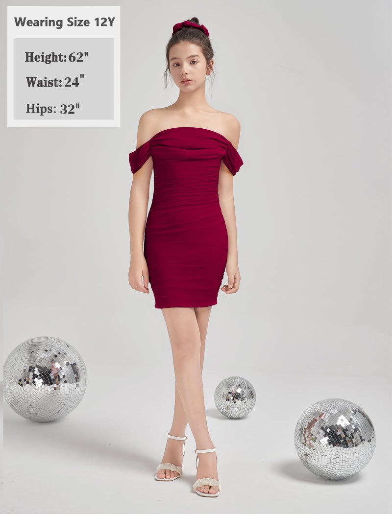 EXARUS Girls Bodycon Dresses Draped Off The Shoulder Mini Tight Ruched Sleeveless Dress Pencil Formal Party Dance Special Occasion Holiday Dance Birthday Burgundy Red 14Y - Image 5