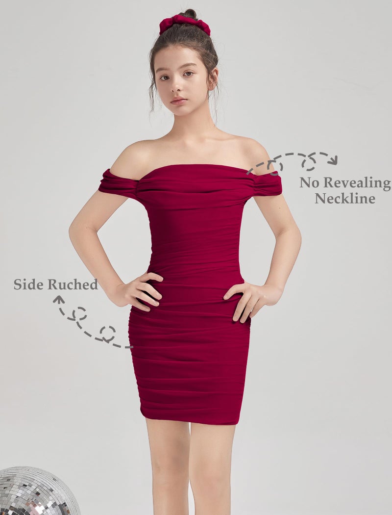 EXARUS Girls Bodycon Dresses Draped Off The Shoulder Mini Tight Ruched Sleeveless Dress Pencil Formal Party Dance Special Occasion Holiday Dance Birthday Burgundy Red 14Y - Image 4