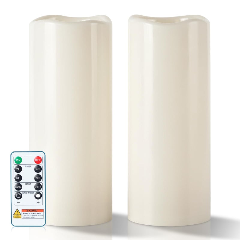 5plots 4"Ã—10" Large Outdoor Waterproof Flameless Candles Ivory White with Timer & Remote, Battery Operated LED Flickering Pillar Candles for Patio Porch Halloween Christmas Lantern, Set of 2 - Image 1