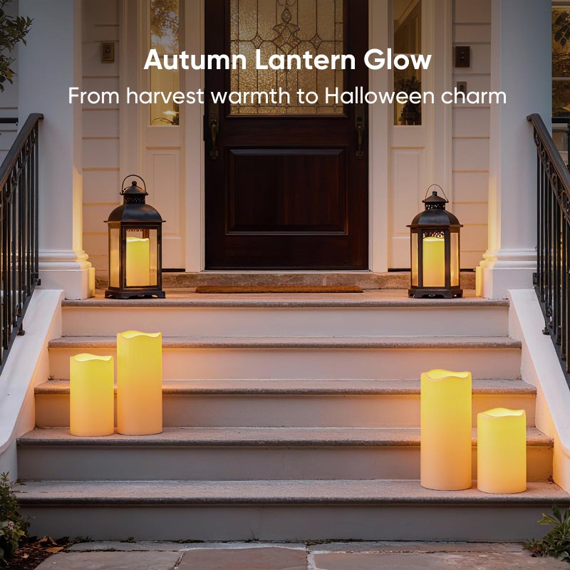 5plots 4"Ã—10" Large Outdoor Waterproof Flameless Candles Ivory White with Timer & Remote, Battery Operated LED Flickering Pillar Candles for Patio Porch Halloween Christmas Lantern, Set of 2 - Image 4