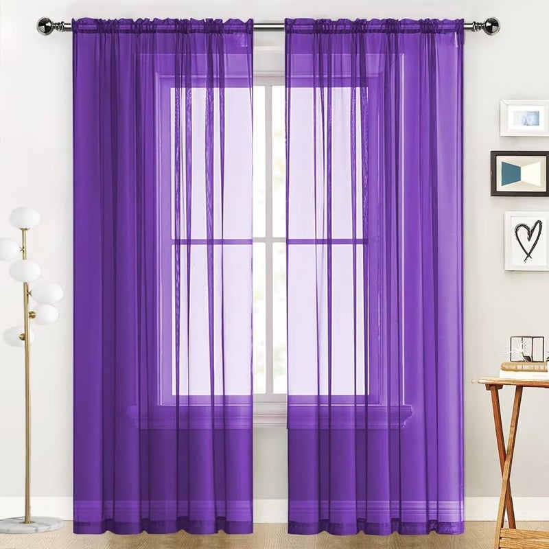 SpaceDresser Sheer Voile Window Treatment Rod Pocket Curtain Panels for Kitchen Bedroom Living Room Drapes Sunlight Filtering Privacy Semi Home Decor Assorted Purple 52 W x 84 L
