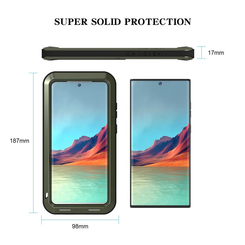LOVE MEI Military Rugged Case for Samsung Galaxy S22 Ultra, Without Tempered Glass Screen Protector, Shockproof Dustproof Scratch Proof Hybrid Metal and Silicone Gel Heavy Duty Full Body Cover Green - Image 2