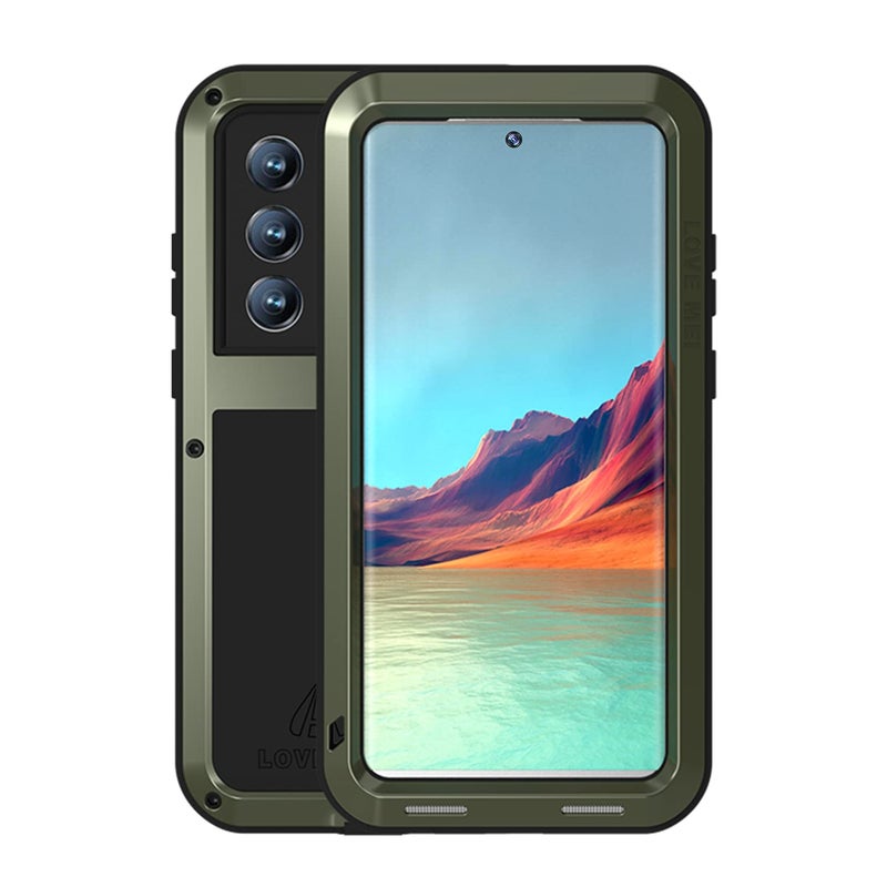 LOVE MEI Military Rugged Case for Samsung Galaxy S22 Ultra, Without Tempered Glass Screen Protector, Shockproof Dustproof Scratch Proof Hybrid Metal and Silicone Gel Heavy Duty Full Body Cover Green - Image 1