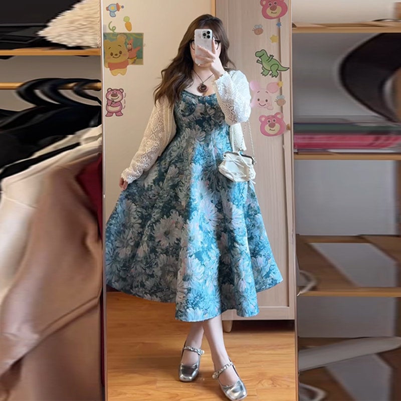 Spring suit Womens 2025 New Fashion Cardigan Jacket Womens Matching Slimming Floral Sling dress Two-piece Set Blue skirt single piece