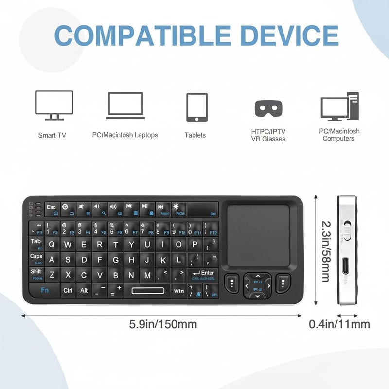 KASTWAVE Mini Bluetooth Keyboard,Backlit 2.4GHz Wireless Keyboard with IR Learning, Portable Lightweight with Touchpad Compatible with Android TV Box/Mac/Windows/HTPC (2.4G and Bluetooth) - Image 3